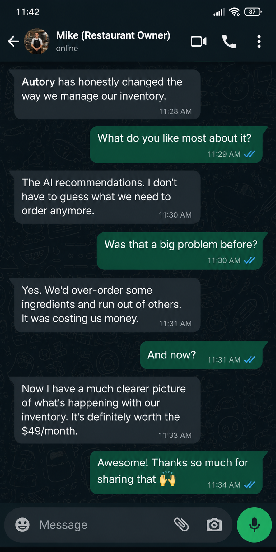 WhatsApp conversation with a restaurant owner about Autory